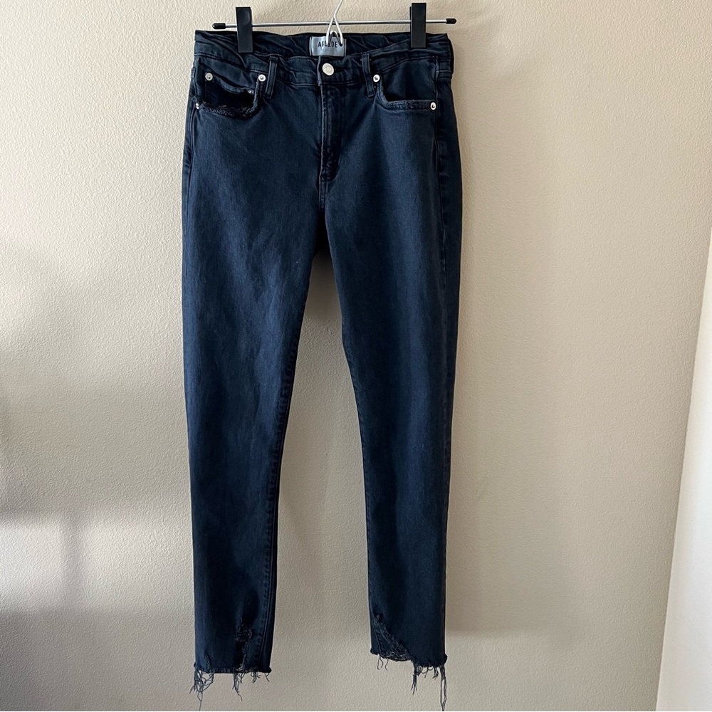 Agolde Toni Mid Rise Straight Black Jeans Denim 27 Feral Wash Distressed Raw Hem